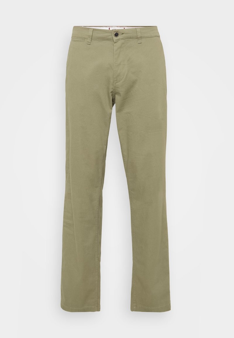 Light olive green trousers made of cotton. Straight-leg design with front pockets and a single button closure. Smooth texture.