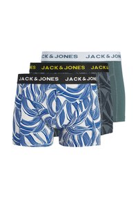 Τρία ζευγάρια ανδρικά boxer της Jack & Jones: το ένα με μπλε και λευκό κυματιστό σχέδιο, ένα γκρι ζευγάρι και ένα μονόχρωμο βαθυπράσινο, όλα με ελαστική μέση με λογότυ πο της εταιρίας.