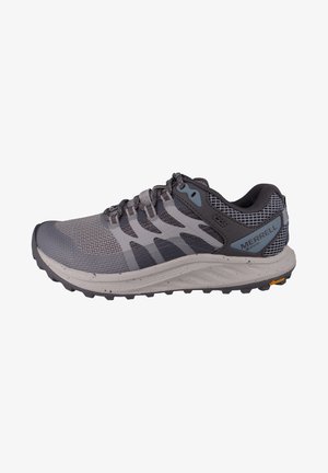 Gray athletic shoe with breathable mesh upper, padded collar, and speckled gray rubber sole. Features blue accents and lace-up design.