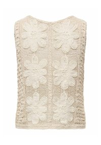 Haut crochet crème sans manches avec six grands motifs floraux disposés en deux colonnes verticales à l'avant.