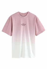 Lyserød og hvid gradient bomulds T-shirt med korte ærmer og "SHIBUYA CITY TOKYO JAPAN" trykt i midten.