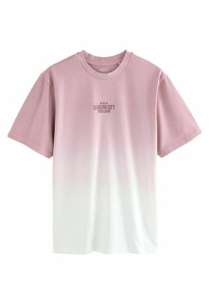 Lyserød og hvid gradient bomulds T-shirt med korte ærmer og "SHIBUYA CITY TOKYO JAPAN" trykt i midten.