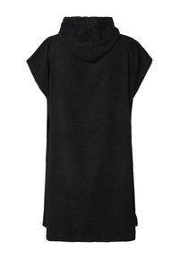 Poncho nero con cappuccio in morbido tessuto in spugna. Maniche corte con una vestibilità ampia e un orlo dritto, che mette in evidenza un design semplice e uniforme.