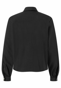 Schwarzes Langarmhemd mit Kragen, im cropped Design, mit geknöpften Manschetten und glattem Material. Einfacher und minimalistischer Stil.