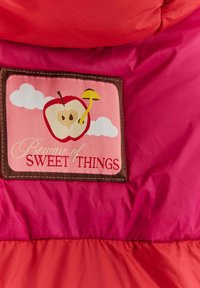 Růžová a červená látka s našitým výšivkou, která zobrazuje jablko probité žlutou šípem a text "Varujte se sladkých věcí" s mraky.