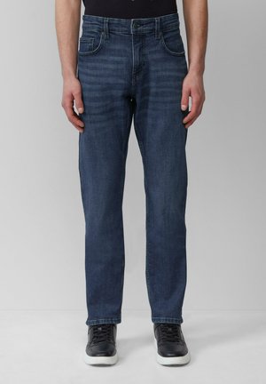 Dark blue denim jeans with a straight leg design, featuring front pockets, a button closure, and a subtle faded pattern.