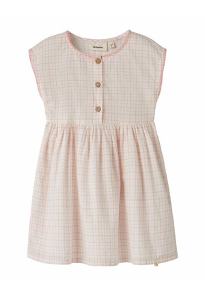 Lyserosa og hvit rutet småbarnskjole med korte ermer, tre treknotter foran og innsvingt midjedetalj.