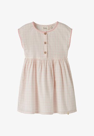 Robe pour tout-petit à carreaux rose clair et blanc, manches courtes, trois boutons en bois sur le devant et taille froncée.