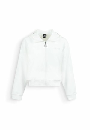 Giacca bianca con zip, maniche lunghe, polsini e orlo a coste, cursore della zip rotondo e piccolo logo sul petto a sinistra.