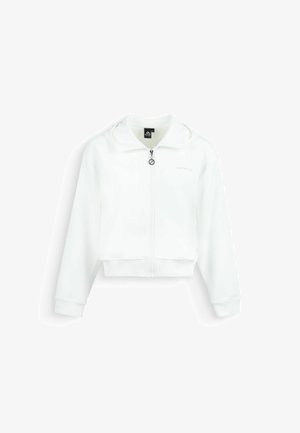 Giacca bianca con zip, maniche lunghe, polsini e orlo a coste, cursore della zip rotondo e piccolo logo sul petto a sinistra.