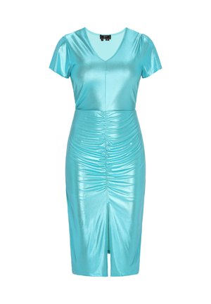 Turquoise satijnen jurk met korte mouwen, V-hals en geraffineerde details. Getailleerde silhouet met een middellange rok en een split aan de zijkant.