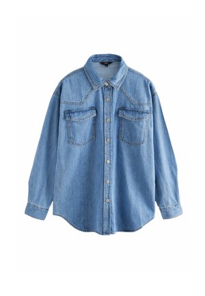 Light blue denim long-sleeve shirt with collar, button front, two chest flap pockets, and straight hem.