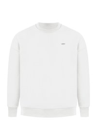 Sudadera blanca con cuello redondo, puños y dobladillo de canalé. Presenta un pequeño logo en el pecho y un acabado liso y texturizado.