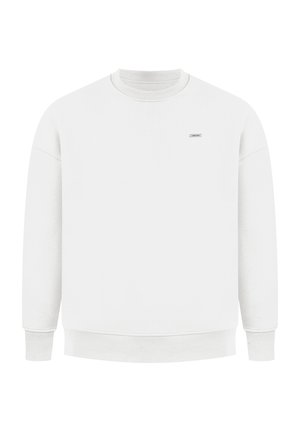 Weißes Sweatshirt mit Rundhalsausschnitt, gerippten Bündchen und Saum. Verfügt über ein kleines Logo auf der Brust und eine glatte, strukturierte Oberfläche.