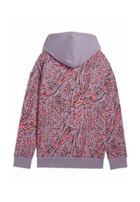 Sweat à capuche avec base violette et motif abstrait tacheté rose et noir imprimé sur tout le dos et les manches.