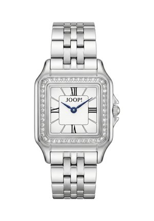 Square silver wristwatch with a metal link band, blue hands, Roman numerals, crystal-studded bezel, and "JOOP!" logo on white face.