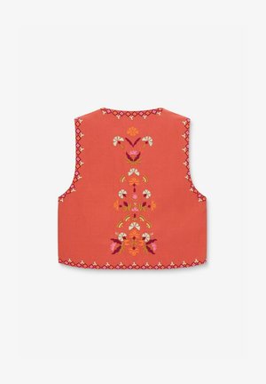 Bestickte Weste aus Korallenstoff mit floralen Mustern in Pink, Grün und Orange. Kanten geschmückt mit geometrischen Mustern. Keine Verschlüsse.