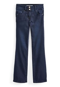 Jean en denim bleu foncé à coupe évasée, avec une fermeture par bouton et fermeture éclair, deux poches avant et des détails de couture subtils. Texture lisse et longueur intégrale.