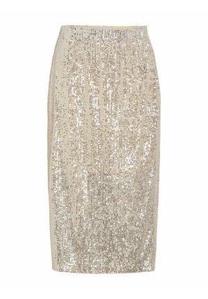 Pailletbesat blyantskirt i off-white. Har et tætsiddende design med lodrette paletter og en elastisk talje for et struktureret, glitrende udseende.