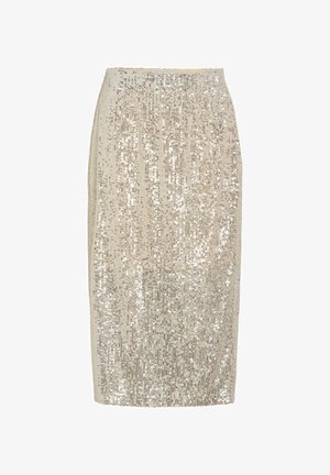 Sequined pencil skirt in off-white. Features a fitted design with vertical sequins and an elastic waistband for a textured, shimmering look.