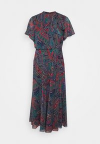 Lång, flödande klänning med mörk bakgrund och färgglada paisleymönster i rött, grönt och blått. Kort volangärmar och skärp.