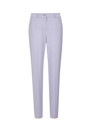 Licht lavendelkleurige broek met een getailleerde pasvorm, voorzien van een knoopsluiting, ceintuurlussen en een gladde, zachte stofstructuur.