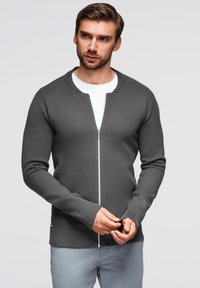 Grå lynlås sweater med rund krave, ribbede manchetter og kant, lavet af glat strikket stof, båret over en hvid t-shirt.
