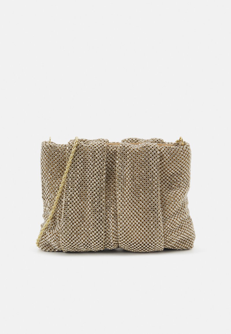 Metallic gold evening bag made of textured material adorned with small rhinestones; features a chain strap and pleated design.