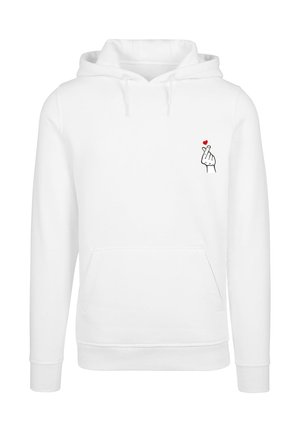 Felpa bianca in cotone con tasca frontale e cappuccio regolabile. Presenta una piccola grafica di una mano che fa un gesto con un cuore rosso.