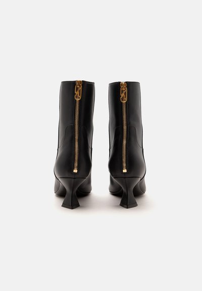 Bottines en cuir noir avec fermetures éclair dorées à l'arrière et petits talons carrés sur fond blanc.