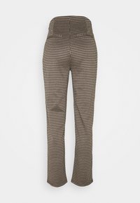 Pantalon taille haute à jambes droites avec motif pied-de-poule marron et beige, vue de dos avec deux petites poches passepoilées.