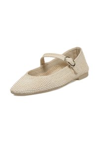 Bailarina tejida beige con puntera puntiaguda y una sola correa con un hebilla redonda. Tejido suave y texturizado para mayor comodidad y flexibilidad.