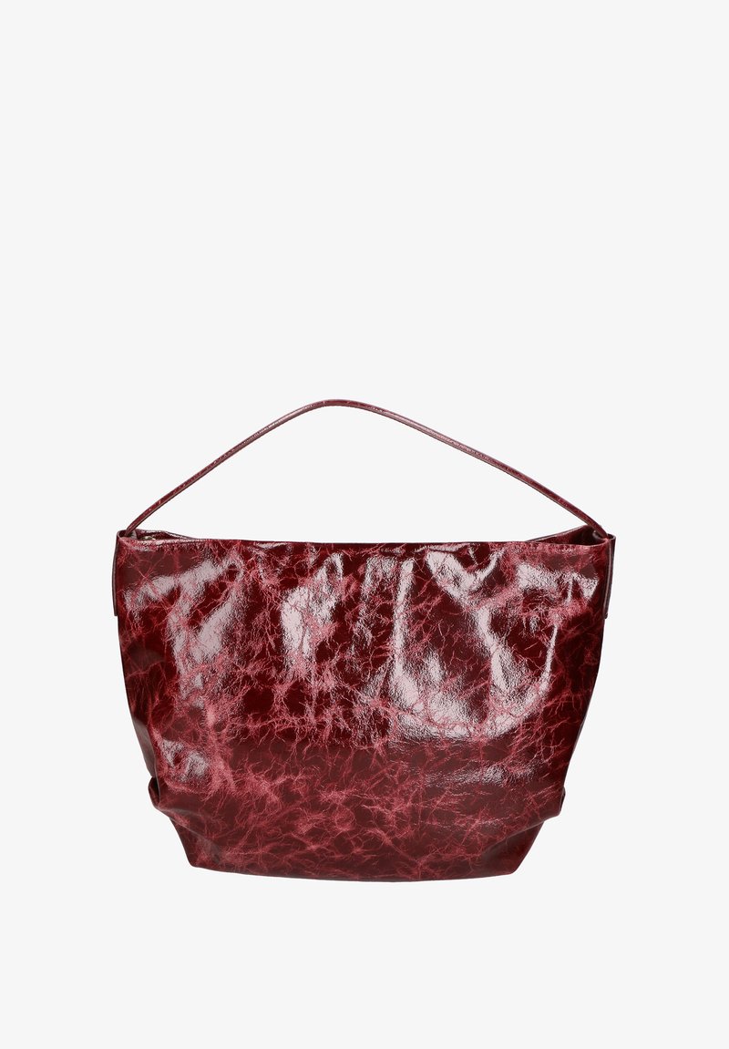 Borsa bordeaux realizzata in materiale lucido e testurizzato con un manico curvo. Presenta un design morbido e non strutturato.