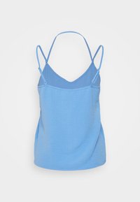 Top azul sem mangas com alças finas ajustáveis, decote em V e textura suave e leve.