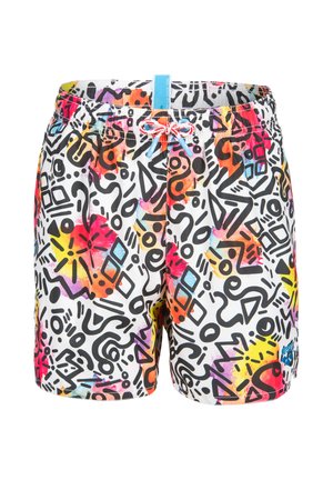 Costume da bagno con base bianca, forme astratte nere e schizzi colorati in rosso, giallo, viola e blu, con coulisse rossa e bianca.
