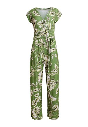 Grüner Jumpsuit mit kurzen Ärmeln, Wickeldesign, florales Muster in Weiß und Dunkelgrün, gebundenem Taillenband, lockere Passform an den Beinen.