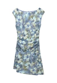 Mouwloze jurk met bloemenpatroon, met geplooide zijkanten en een asymmetrische zoom in gedempte blauw-, groen- en beigetinten.