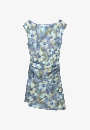 Rochie fără mâneci cu model floral, cu laterale pliate și un tiv asimetric în nuanțe de albastru stins, verde și bej.