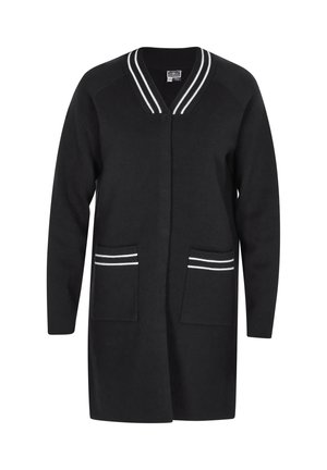 Czarny kardigan z dekoltem w serek i długimi rękawami. Posiada białe paski przy kołnierzu i kieszeniach, wykonany z miękkiej dzianiny.