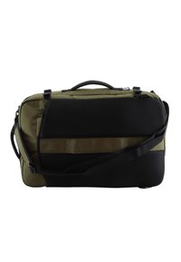 Olivgrüne Reisetasche mit schwarzem Mesh-Bereich, robusten Griffen und abnehmbarem Schultergurt. Verfügt über eine elegante, rechteckige Form.