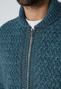 Tīra džemperis ar rāvējslēdzēju, kas adīts gaiši zaļā krāsā ar teksturētu virves rakstu, metāla rāvējslēdzēju un ribotu apkakli un piedurknēm. Mīksts diegs ar ziliem plankumiem.