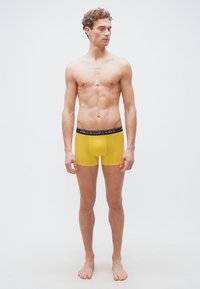 Άνδρας με σγουρά μαλλιά, χωρίς πουκάμισο, όρθιος, ξυπόλητος, φοράει κίτρινα εσώρουχα Polo Ralph Lauren ενάντια σε λευκό φόντο.