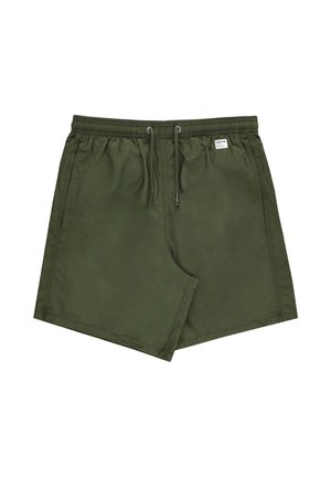 Costume da bagno uomo verde oliva con fascia elastica in vita, coulisse regolabile, tasche laterali e piccola etichetta bianca sul davanti a destra.