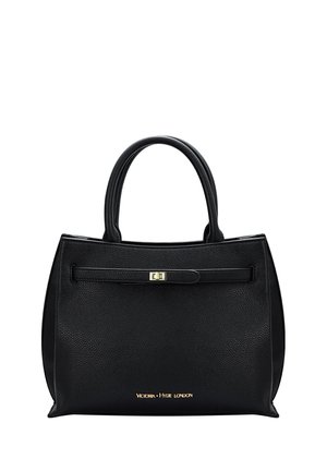 Sort læderhåndtaske med afrundede dobbelte håndtag, forrem med guldlås og "Victoria Hyde London" logo i guldbogstaver.