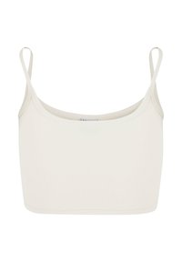 White cropped tank top with thin straps, seamless design, soft cotton blend material, and a smooth, unembellished surface.