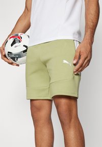 Calções atleticos verde claro feitos de tecido suave, com um logótipo da Puma branco, costuras laterais e um corte descontraído. Uma bola de futebol está segurada na mão.