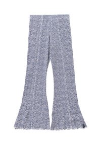 Flared broeken van lichtgewicht stof met een blauw bloemenpatroon, elastische tailleband en golvende zoomdetail.