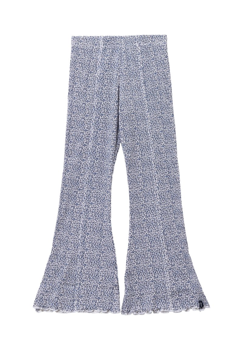 Flared broeken van lichtgewicht stof met een blauw bloemenpatroon, elastische tailleband en golvende zoomdetail.