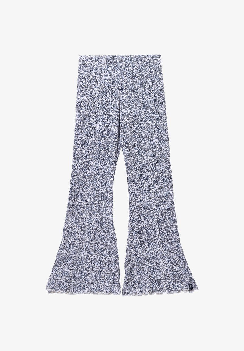 Pantalones acampanados en tejido ligero con un patrón floral azul, cinturilla elástica y detalle de dobladillo en forma de ondas.