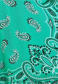 Turquoise fabric featuring a paisley pattern in black, white, and light blue, with intricate details and varied shapes throughout.